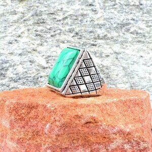 Ridge Rhombus Mens Square Green Turquoise Etched Silver Ring Size 8 Gift Boxed